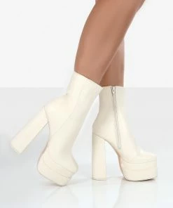 Public Desire UK NEW IN Supine Wide Fit Ecru Pu Chunky Platform High Heeled Ankle Boots