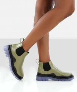 Public Desire UK Flat Boots Myth Green Chunky Sole Chelsea Boots 7 Public Desire UK Flat Boots Myth Green Chunky Sole Chelsea Boots