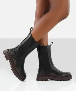 Public Desire UK Cherry Black Chunky Sole Chelsea Ankle Boots Flat Boots